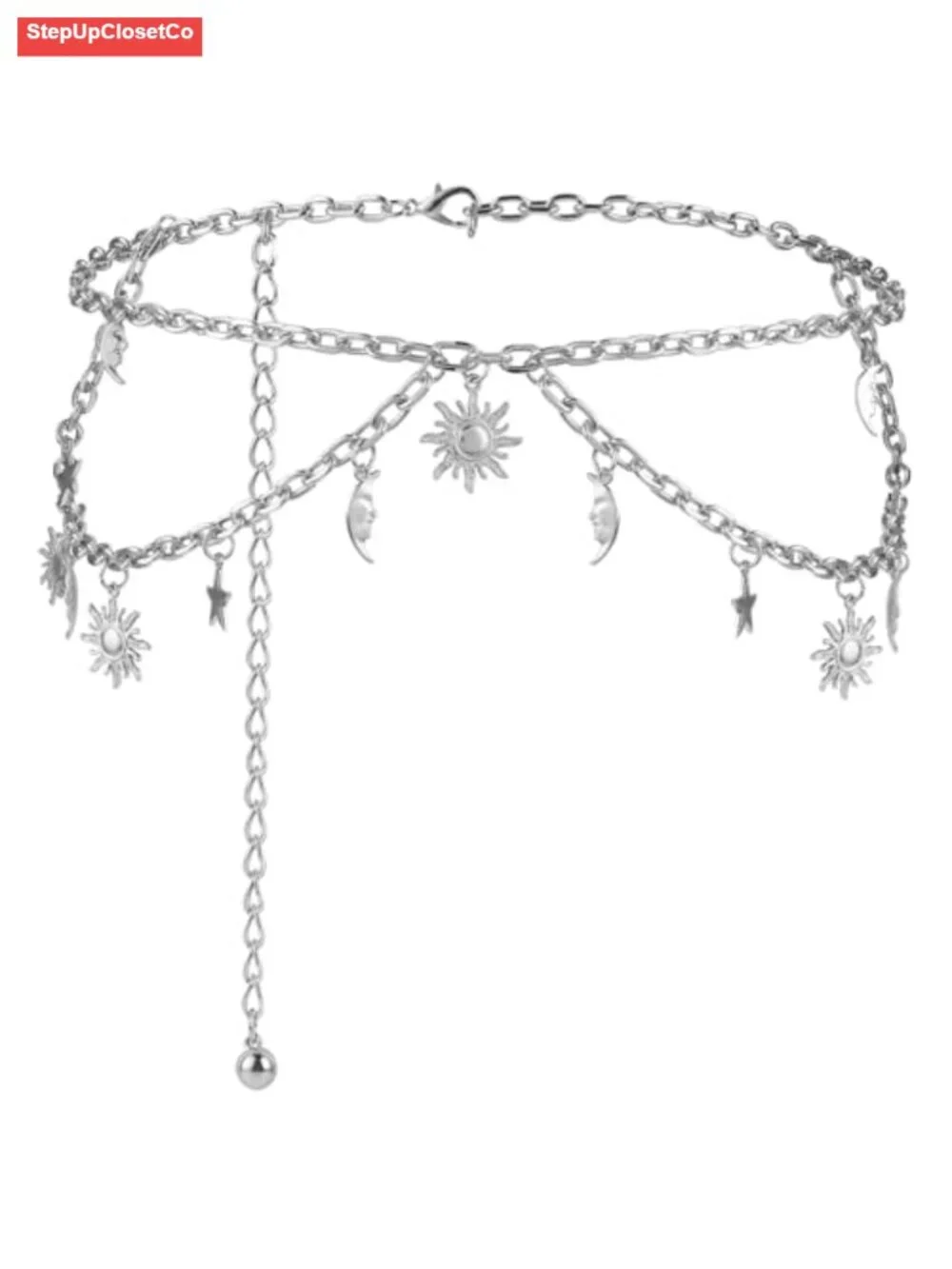 Double Layer Metal Chain Belt with Moon Star Pendant Waist Chain for Women